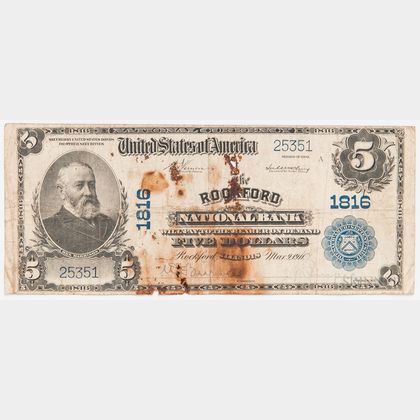 1902 The Rockford National Bank Plain Back $5 Note
