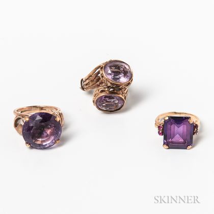 Three 14kt Gold and Amethyst Rings