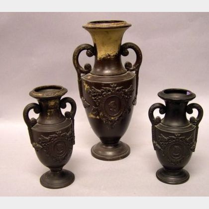 Three Continental Black Painted Terra-cotta Mantel Vases. 