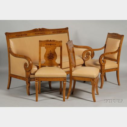 Four Piece Suite of Charles X Marquetry Inlaid Elmwood Seating Furniture
