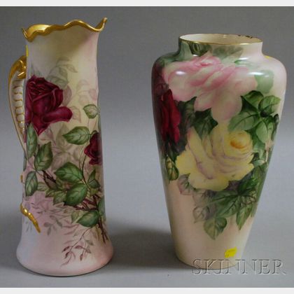 Two Gilt and Hand-painted Floral-decorated Porcelain Items