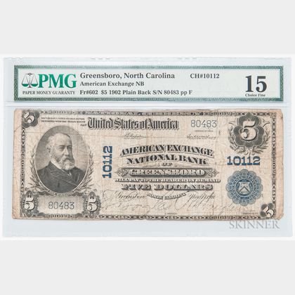 1902 The American Exchange National Bank of Greensboro Plain Back $5 Note, PMG Choice Fine 15
