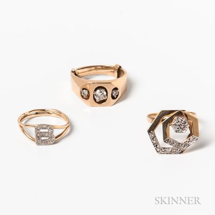 Three 14kt Gold and Diamond Rings