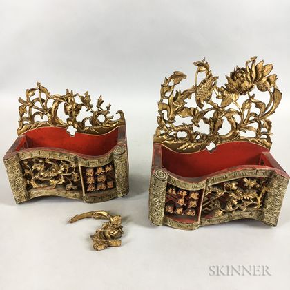 Pair of Carved Red Lacquer and Gilt Wall Pockets