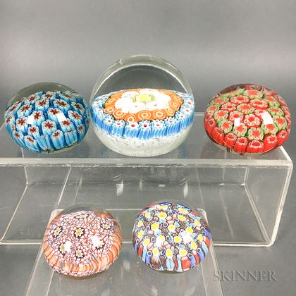 Two Murano Glass Paperweights and Three Unmarked Millefiori Paperweights. Estimate $100-200