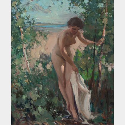 Emile Albert Gruppé (American, 1896-1978) Nude Toweling Off by Trees at a Beach