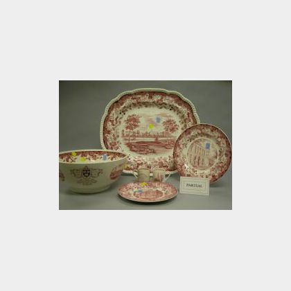 Fifty-seven Piece Group of Wedgwood Red and White Transfer Decorated Harvard University Ceramic Tableware
