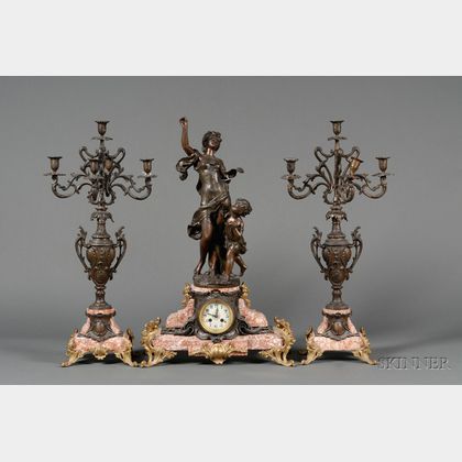 Three-piece Louis XV/XVI Style Marble and Patinated Metal Clock Garniture