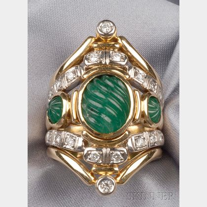 18kt Bicolor Gold, Carved Emerald, and Diamond Ring