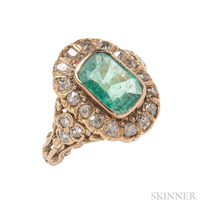 Antique 18kt Gold, Emerald, and Diamond Ring