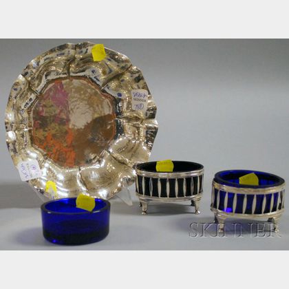 Sandona .800 Silver Dish and Pair of .800 Silver Salts with Cobalt Glass Inserts