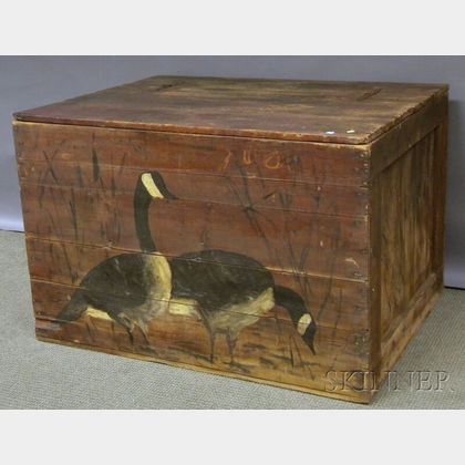 Large Painted Canada Goose and Cattail-decorated Pine Lidded Storage Box
