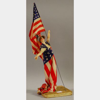 Sarah Bernhardt Autographed "Liberty" Wax Doll Wearing an American Flag Dress, Scarf, and Holding an American Flag