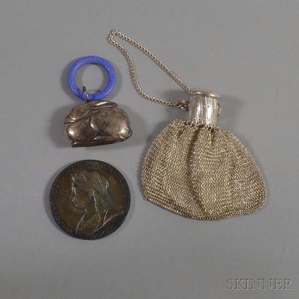 Sterling Silver Rabbit Rattle, Mesh Reticule, and a Commemorative Queen Victoria Medallion. Estimate $75-125