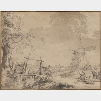 Dutch School, 18th Century Landscape with Windmill and Small Canal