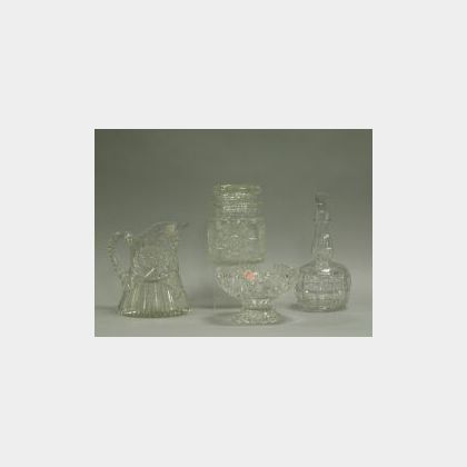 Colorless Cut Glass Jar, Bowl, Pitcher and Decanter. 