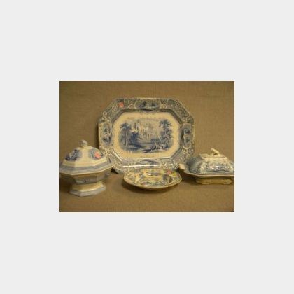 Blue and White Transfer Ironstone Covered Tureen, Siam Platter, Covered Park Scenery Serving Dish and a Plate. 