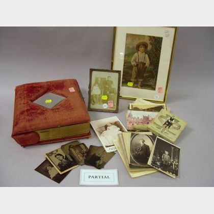 Late Victorian Photograph Album with Early Portrait Photographs and a Small Collection of American and European Postcards. 