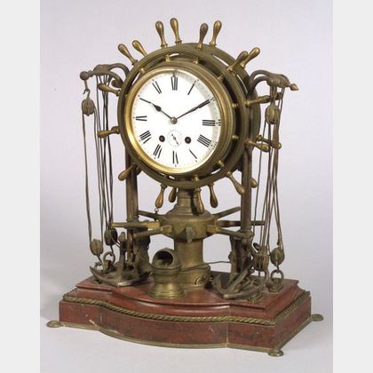 Figural Bronze and Marble Ship&#39;s Bell Clock