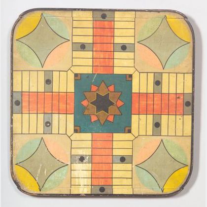 Polychrome Painted Wooden Parcheesi Game Board