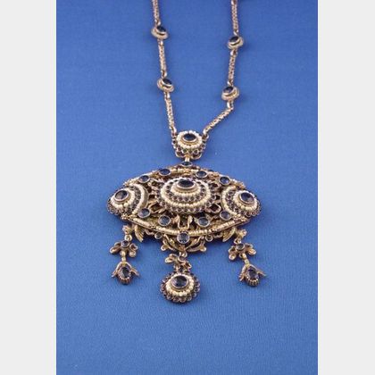 Hungarian Gilt Silver, Blue Glass, and Seed Pearl Pendant Necklace