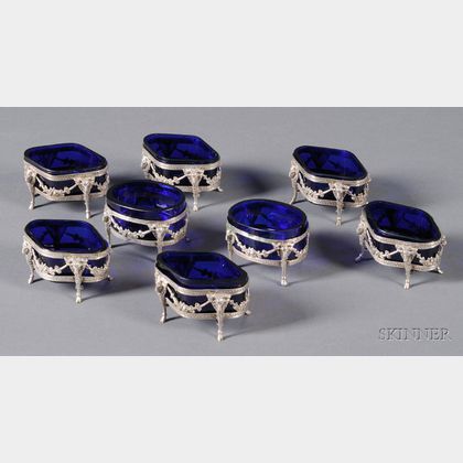 Assembled Set of Eight Neoclassical German .800 Silver and Cobalt Glass-lined Salts