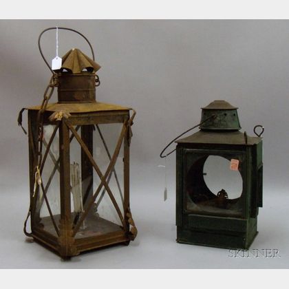 Green-painted Tin and Glass Lantern and a Wrought Iron and Glass Lantern