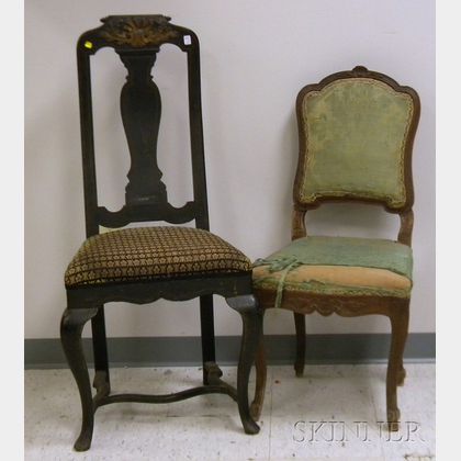 Queen Anne Style Upholstered Parcel-gilt Ebonized Carved Wooden Side Chair and a Rococo Upholstered Carved Walnut Side Chair. 