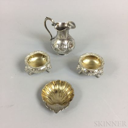 Gorham Sterling Silver Shell-form Dish, Pair of Coin Silver Salts, and Tiffany & Co. Silver Plated Creamer