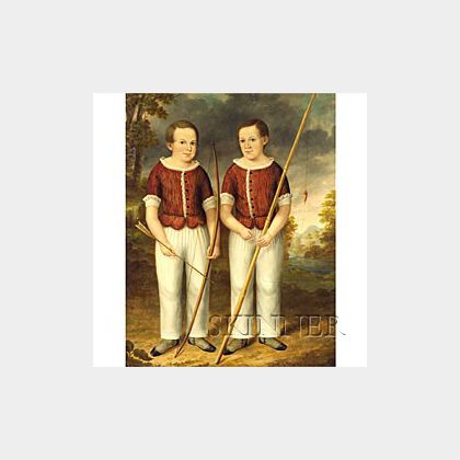 Attributed to Joseph G. Chandler (American, 1813-1880) Portrait of Twin Boys with Fishing Rod and Bow and Arrow.