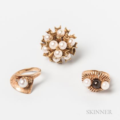 Three 14kt Gold and Pearl Rings