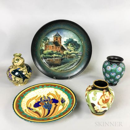 Five Gouda, Boch Freres, and Rozenburg Pottery Items