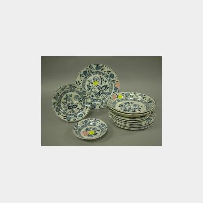 Twelve Staffordshire Blue Onion Pattern Pattern Plates and Small Low Bowls. 