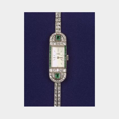 Art Deco Emerald and Diamond Wristwatch, Girard Perregaux