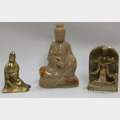Chinese Bronze Guan Yin, Carved Soapstone Guan Yin, and a Stele