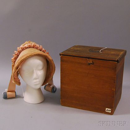 Pink Ribbed Silk Bonnet with Original Wooden Hat Box