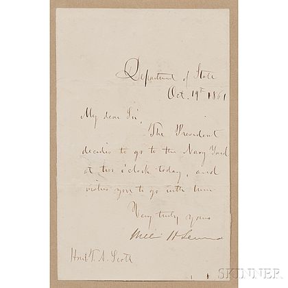 Seward, William (1801-1872) Secretary Note Signed, Department of State, 19 October 1861.