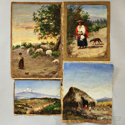 Cesar Villacres (Ecuadorian, 1880-1941) Four Unstretched Oils on Canvas: Woman Herding Goats