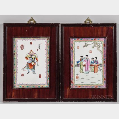 Pair of Enameled Porcelain Plaques in Wood Frames