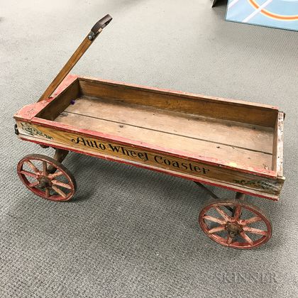 Painted and Stenciled Wood and Iron "Auto Wheel Coaster" Wagon
