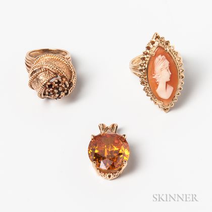 14kt Gold Cameo Ring, a 14kt Gold and Citrine Pendant, and a 14kt Gold and Garnet Ring