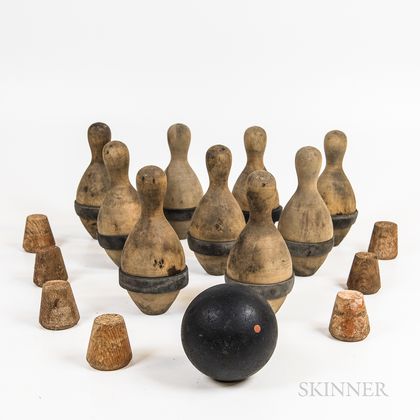 Set of Nine Turned and Painted Wood Bowling Pins, Ball, and Seven Targets