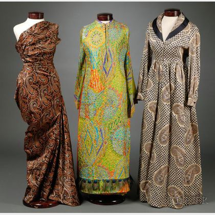 Three Vintage 1970s Silk Paisley Print Dresses