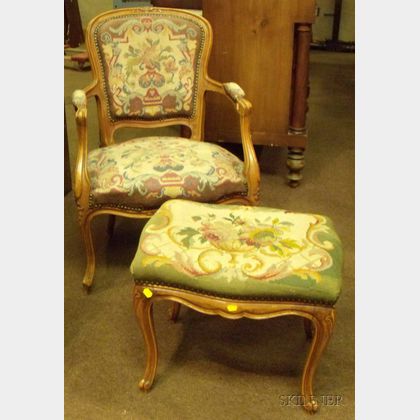 Louis XV Style Needlepoint Upholstered Carved Beechwood Armchair and Stool. 