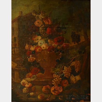 Flemish School, 17th/18th Century Style Ornate Floral Still Life Set in a Landscape.