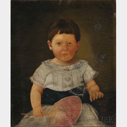 American School 19th Century Oil on Canvas Portrait of a Child Holding a Japanese Hand Fan