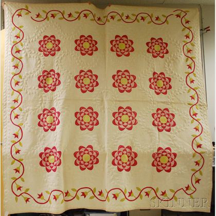 Hand-stitched Pieced Cotton Love Apple Pattern Quilt and a Rose Pattern Trapunto Quilt