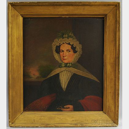American School, 18th/19th Century Portrait of a Woman with Green Ribbon and Glasses.