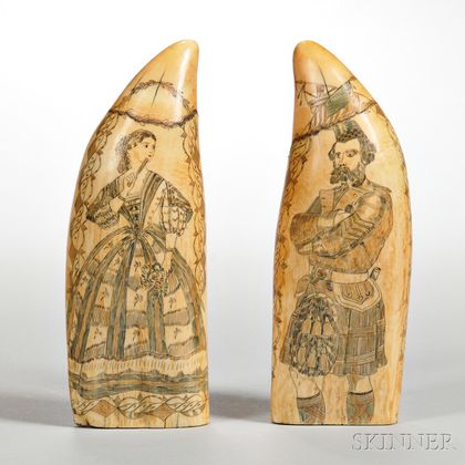 Two Scrimshaw and Polychrome-decorated Whale's Teeth
