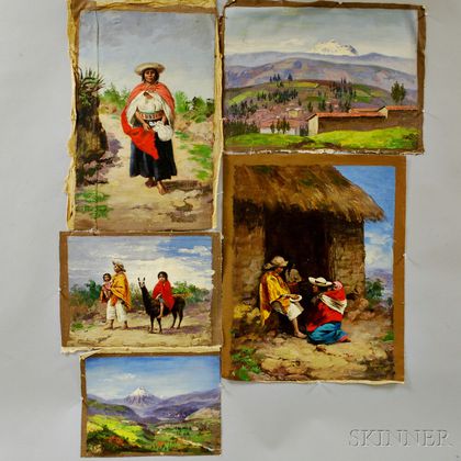 Cesar Villacres (Ecuadorian, 1880-1941) Five Unstretched Oils on Canvas: Cost. indians - Prov. del Tungurahua